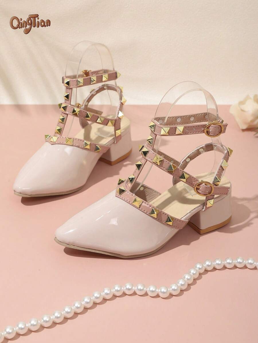 1 Pair Cream White Girls' Gold Rivet Decor Shiny PU Material Square Toe High-Top T-Strap Chunky Heel Cool Sandals Suitable For Summer Outfits, Parties, Banquets And Stage Performances 2026 New Style - Beige - View 1