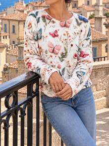 New Women's Ribbed Knit Butterfly & Floral Print Pullover Sweater, Long Sleeve Regular Fit Mid-Stretch, Suitable For Daily Wear - Off-white - View 4