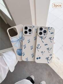 3pcs Blue Cherry Print TPU Shockproof Full Coverage Precise Protective Case Compatible With Apple 11/12/13/14/15/16/16Pro/16ProMax/17/17pro/17ProMax/18pro 18ProMax - Multicolor - View 4