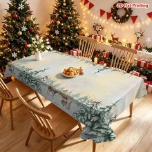 1件裝聖誕森林主題桌布，飾有雪松、馴鹿、狐狸、兔子、小屋與紅莓裝飾，適用於餐桌布置、廚房檯面裝飾、野餐露營墊、派對場景營造、農舍風裝飾、節日氛圍提升及日常桌面美化 - 彩色 - 查看 18