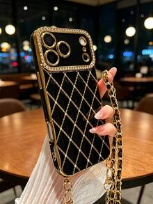 1 pieza Funda de teléfono con cadena cruzada de cuero con estampado de leopardo, estilo nuevo acolchado con diamantes electrochapados de strass, compatible con iPhone, material TPU - Multicolor - Ver 7