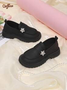 1 Pair Black Girls' Rhinestone Star Decor PU Material Round Toe Low-Top Slip-On Thick Sole Chunky Heel British Style Loafers Suitable For School, Daily Wear And Party - Black - View 3