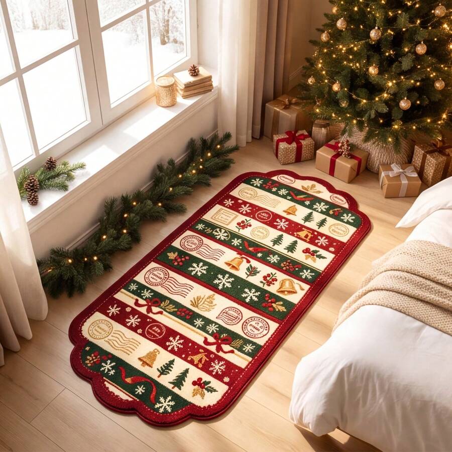1pc, Washable Non-Slip Christmas Red & Green Patchwork Faux Wool Decorative Rug, Non-Slip Bottom With Soft & Delicate Surface Touch, Christmas Elements Red & Green Patchwork With Decorative Patterns, Bell, Snowflake, Christmas Tree And Other Christmas Element Combination Design, Suitable For Bedroom Bedside, Living Room Corner, Study, Hallway, Kitchen And Other Living Scenes, Christmas Scene Decoration Item, Christmas Gift, Rugs, Carpet, Christmas Rug, Christmas Gift/Decor, Rugs Living Room, Bedroom Rug, Carpet Living Room, Kitchen Mat, Kitchen Rug, Hallway Runner, - Multicolor - View 1