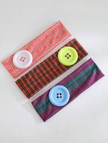 3pcs Vintage Colorful Plaid Wide Headband With Large 3D Button Design, Elastic Fabric Hairband, Sweet & Cool Girl Fashion Versatile Hair Accessory - Multicolor - View 5