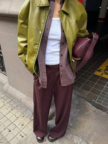 Women's Moss Green PU Leather Short Jacket, Minimalist Basic Fashion Outerwear, Autumn Outfit, Daily & Street & Party Wear, Office Fashion. - Olive Green - View 4