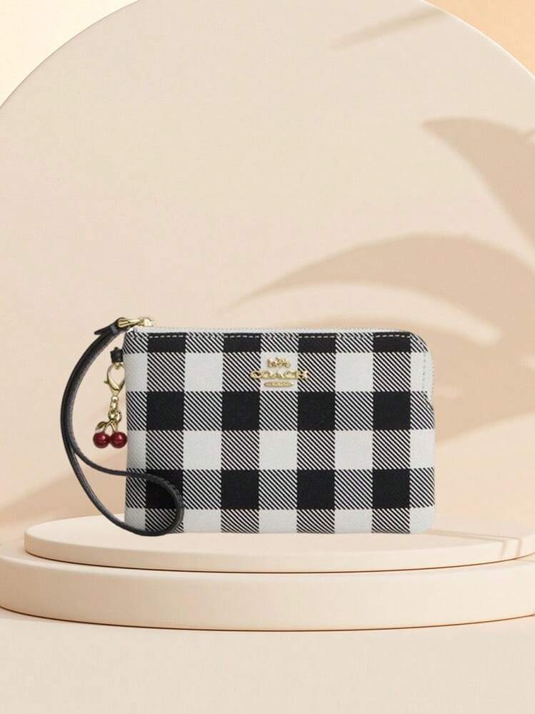 Coach Iconic Canvas Striped Rounded Zipper Clutch Bag - Black and White - View 6