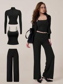 TimeOff Women's One Set Polka Dot 2 In 1 Patchwork Spaghetti Strap Tank Top & Wide Leg Pants Sport Set - Black - View 10