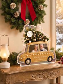 1pc Custom Photo & Text Vintage Car Christmas Acrylic Plaque, 50th Golden Wedding Anniversary Couple Desktop Ornament, Christmas Style Personalized Keepsake Gift For Parents Couple,Christmas Gift,Christmas Tree Element,Winter Holiday Table Decor - Multicolor - View 6