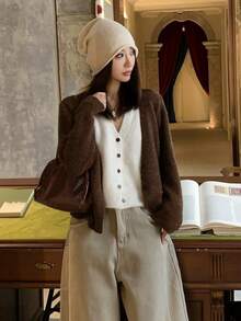 Autumn/Winter Color Block 2 In 1 V-Neck Casual Cardigan Knit Sweater - Coffee Brown - View 8