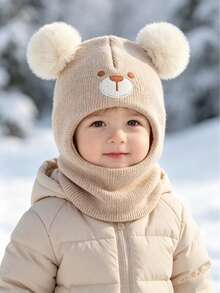 1pc Cute Bear Embroidery Knitted Beanie Hat & Scarf Set - Bear - View 2