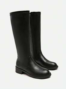 Fall/Winter 2025 New Arrival Leather Tall Elastic Boots, Mid-Heel Versatile Over-The-Knee Thick Sole Riding Boots For Women - Black - View 7