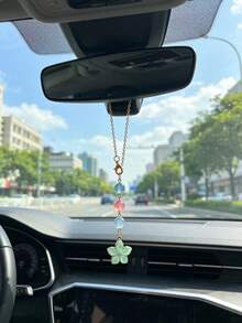Pink Cherry Blossom Colorful Bead Car Hanging Ornament, Colorful Round Bead Chain Car Rearview Mirror Pendant, Sweet Cherry Blossom Design Car Rearview Mirror Hanging Decoration, Highly Attractive Women's Car Interior, Holiday Gift - Flowers - View 2