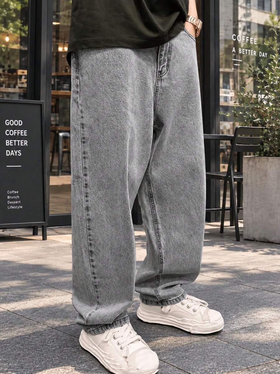 Men's Loose Straight Leg Denim Jeans, Washed Wide Leg Denim Pants, Slanted Pocket Design, Suitable For Casual Gatherings - Grey - View 1