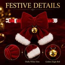 Large Bow Christmas Pet Collar - Burgundy Bow Bell Cat Collar, Adjustable Buckle, Holiday Pet Christmas Gift - Multicolor - View 7
