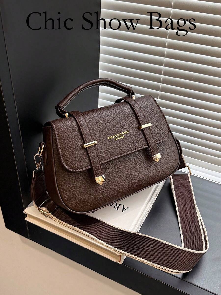 女款 Satchel 手提包,純色荔枝紋人造皮革,金色金屬配件與寬肩帶,頂部手柄與斜跨設計,復古休閒風,適合女士日常通勤 - 咖啡 - 查看 1