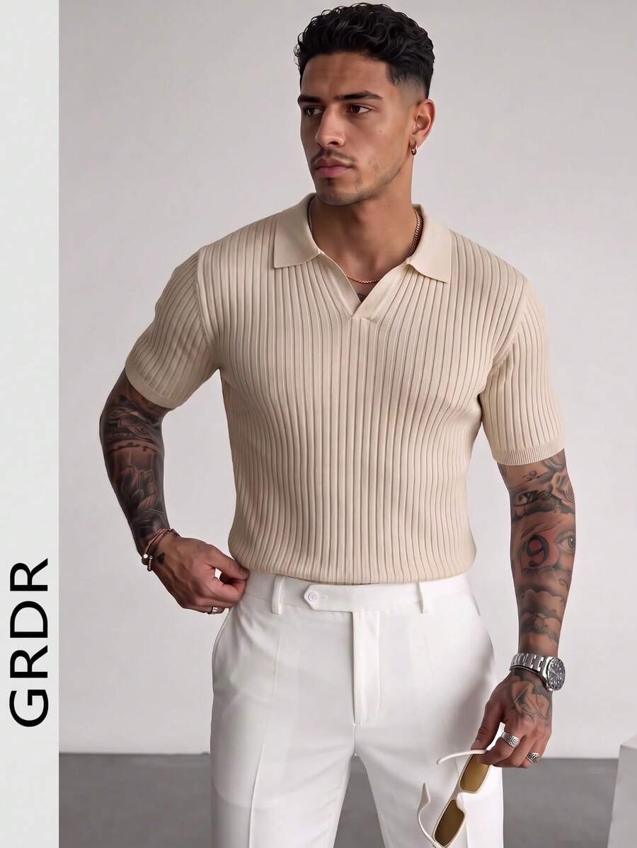 GRDR Men's Summer Solid Color Polo Collar Short Sleeve Knit Sweater, Suitable For Summer Outings, Essential For Fashionable Styling