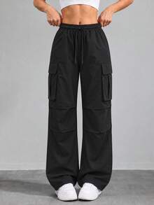 Women's Black Drawstring Waist Wide Leg Cargo Pants With Large Flap Pockets Casual Relaxed Fit Trousers For Daily Wear - Black - View 8