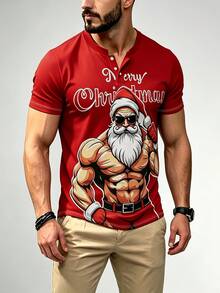 2026 New Men Red Christmas Tee, Cool Buff Santa Graphic Henley Short Sleeve Shirt, Holiday Gathering Outfit - Multicolor - View 2