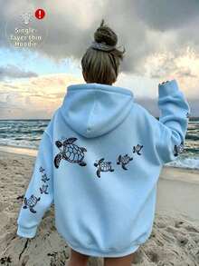 Women's Plus Size Turtle Print Loose Thin Pullover Sweatshirt, Casual Pullover Sweatshirt With Pockets & Drawstring Design, Machine Washable, Comfortable For All Seasons, Soft Fabric Loose Fit - Baby Blue - View 1