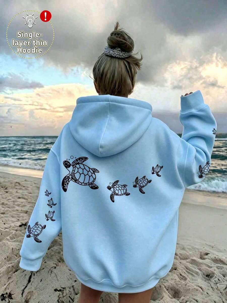 Women's Plus Size Turtle Print Loose Thin Pullover Sweatshirt, Casual Pullover Sweatshirt With Pockets & Drawstring Design, Machine Washable, Comfortable For All Seasons, Soft Fabric Loose Fit - Baby Blue - View 1