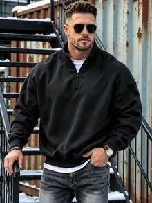 Men's Half-Zip Sweatshirt, Fashionable Sports Stand Collar Top, Suitable For Daily Wear, Exercise And Vacation, Perfect Gift For Husband - Black - View 5