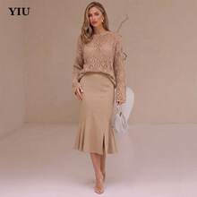 YIU Elegant Women's Knee-Length Fitted Midi Skirt, Slit Design, Non-Stretch Polyester Fabric, Fashionable Autumn Look - Khaki - View 9