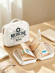 Large Capacity Medicine Bag With Vintage "Medicine" Print,Travel Portable First Aid Kit,Ring Binder Style Storage Bag,Multi-Pocket Medical Organizer - Multicolor - View 6