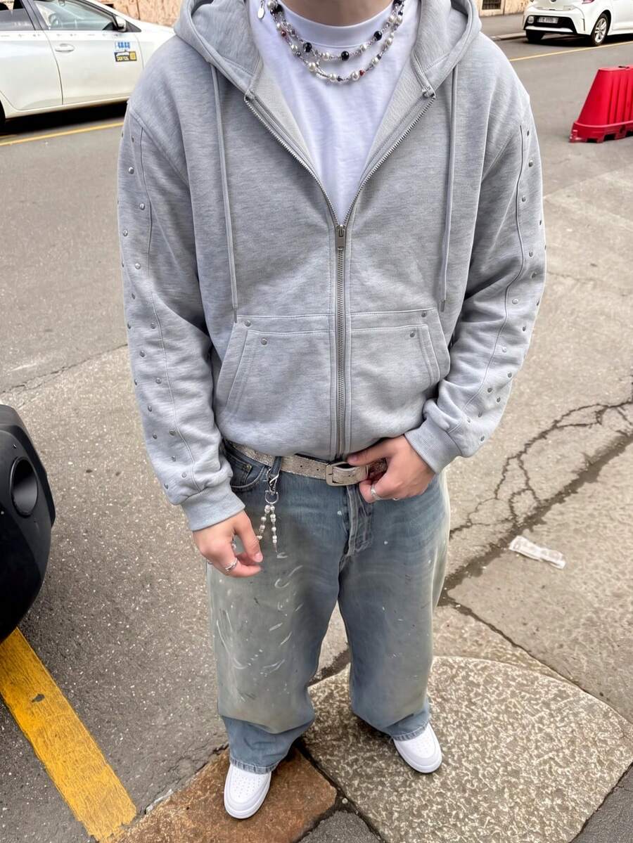 Heavy Rivet Decor Light Gray Hooded Zip-Up Loose Fit Streetwear Casual Versatile Cardigan Jacket Top - Light Grey - View 1