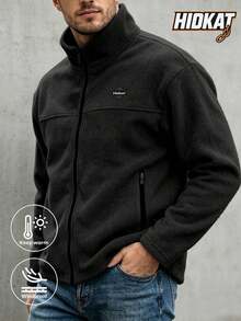 Men's Autumn/Winter Fleece Casual Jacket, Stand Collar Fleece Outerwear With Zipper Pockets, Suitable For Outdoor And Daily Wear - Black - View 1