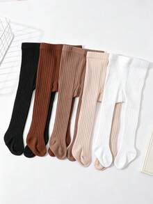 5 Pairs Girls' Vertical Striped Tights, All-Season Skin-Friendly Elastic Baby Leggings, Simple Solid Color Wearable Tights For Girls - Multicolor - View 4