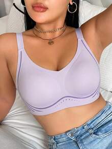 Plus Size Seamless Wire-Free Bra, Linear Print Breathable V-Neck, Adjustable Wide Strap, Comfortable Everyday Women's Lingerie - Mauve Purple - View 1