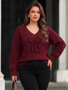 Women's Plus Size Long Sleeve Bow V-Neck Pullover Casual Slouchy Autumn/Winter - Burgundy - View 1
