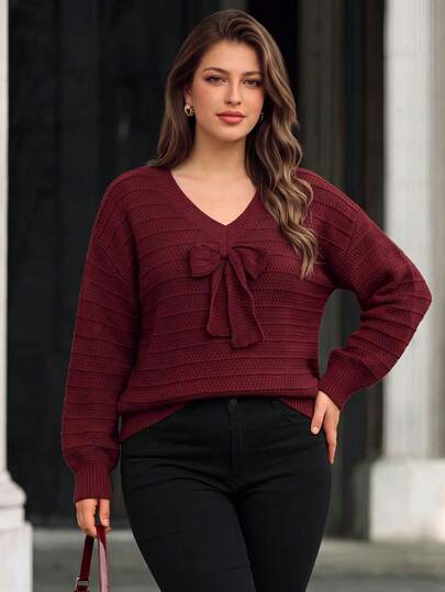 Women's Plus Size Long Sleeve Bow V-Neck Pullover Casual Slouchy Autumn/Winter