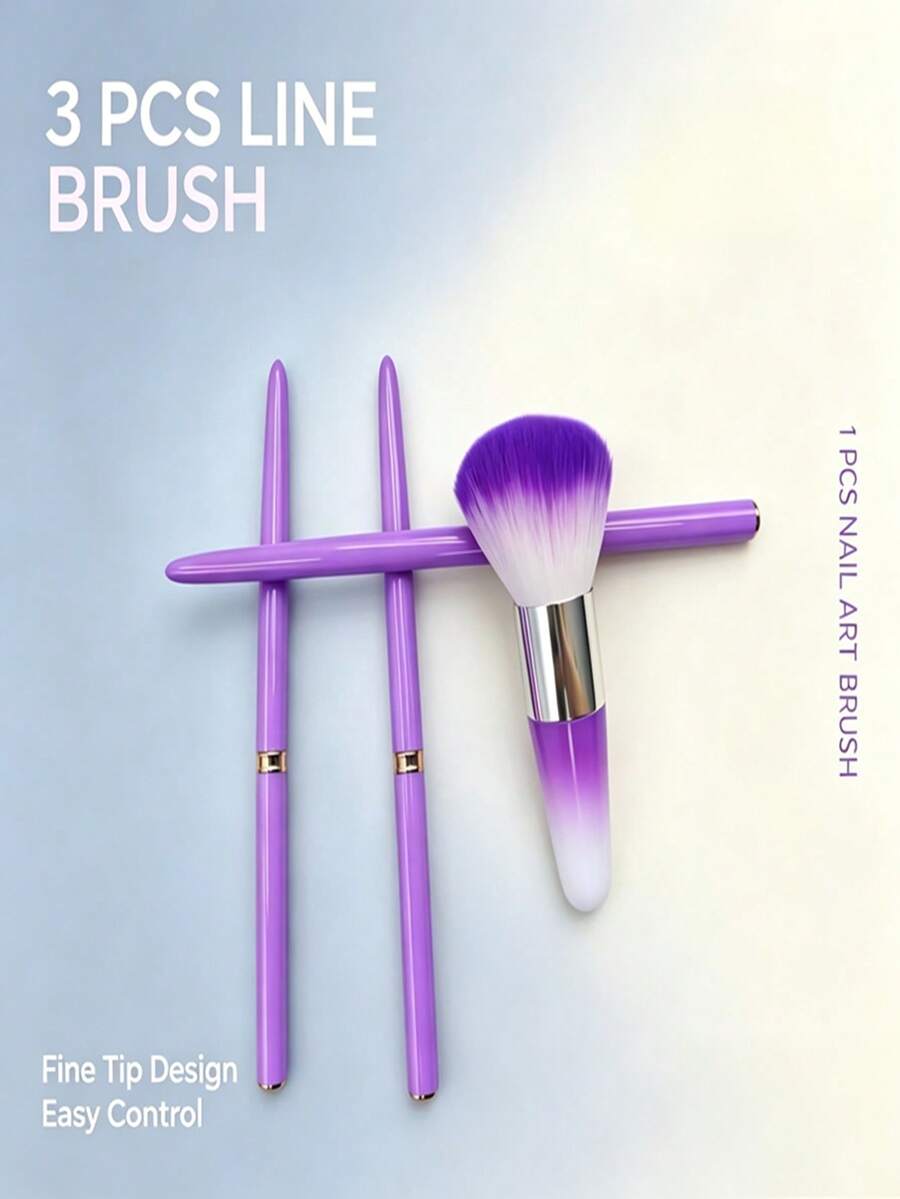 3Pcs Nail Art Line Drawing Pens, Gradient Purple Fluffy Setting Powder Makeup Brush Combo Pack