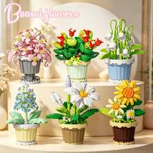 Multi-Color Building Block Potted Flower Series Includes: Lily, Hyacinth, Lily Of The Valley, Sunflower Pot, Jade Plant, Pink Spider Plant. ABS Material, Building Block Toy Set. Atmospheric Display Decor, Suitable For Hobbyists And Collectors. Halloween, Christmas, Carnival Party Gift. - Multicolor - View 2