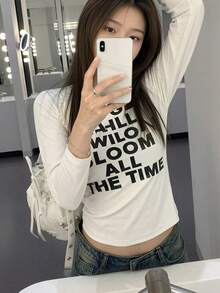 All-Match Versatile Black & White English Text Print Short Long Sleeve White T-Shirt, Slim Fit Elastic Inner Layer Outer Wear Sexy Girl Base Layer Autumn Top - White - View 5