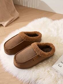 Unisex Thick Fleece Home Slippers For Autumn/Winter, Warm Comfortable Soft Sole With Thermal Lining Fuzzy Slippers, Solid Color Faux Suede Upper House Shoes - Coffee Brown - View 7