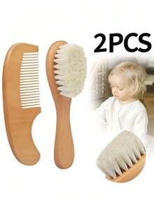 Soft Brush Set And Small Wooden Comb For Baby Hair Cleaning, Bathroom Cleaning Tools, Suitable For All Hair Types, Portable Dry Hair Care Set - Multicolor - View 3