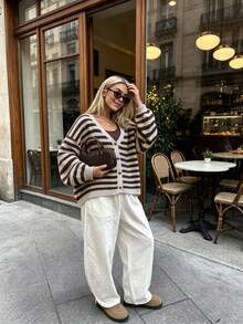 Cardigan Rajut Lengan Panjang Leher V Bergaris Warna Kontras Musim Gugur Terbaru untuk Wanita, Gaya Kasual untuk Perjalanan Sehari-hari ke Kampus. - Cokelat dan aprikot gelap - View 3