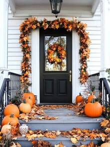 5/2/1pc - Autumn Maple Leaf Wreath, 5.6ft Artificial Maple Leaf Autumn Wreath, Hanging Autumn Vine Tabletop Decor - Durable And Reusable, Suitable For Thanksgiving Family Gathering, Front Door Autumn Decor, Room Decor, Room Decor, Home Decor, Autumn Home Decor, Christmas Home Decor - Multicolor - View 5