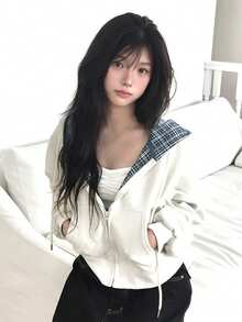 Long Sleeve Pocket Plaid Patchwork Hooded Jacket - Off White - View 2