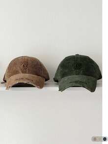 Vintage Corduroy Baseball Cap, Distressed Broken Edge Design With Letter Embroidery, Face-Slimming Effect, Autumn/Winter Unisex Baseball Cap - Distressed Hem Rubkke Corduroy - View 1