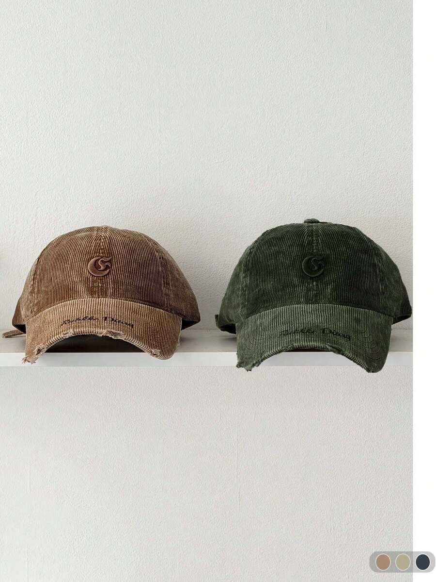 Vintage Corduroy Baseball Cap, Distressed Broken Edge Design With Letter Embroidery, Face-Slimming Effect, Autumn/Winter Unisex Baseball Cap - Distressed Hem Rubkke Corduroy - View 1