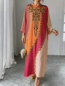 Women's Loose Long Kaftan Robe With Stand Collar And Round Collar, Gold Embroidery Pattern, Stand-Up Collar, Elegant Arabic Style, Suitable For Ramadan, Eid And Various Gatherings - Orange - View 9