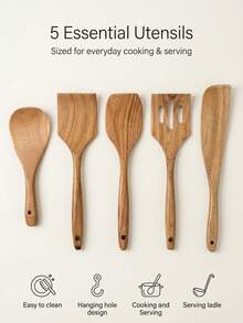 5PCS Wooden Cooking Utensils, Including Spatula, Slotted Spoon, Rice Paddle, Scraper, Soup Ladle, Wooden Kitchen Accessories, Christmas Halloween Kitchenware, Full Set Tableware, Kitchen Gadgets, Home Goods, Kitchen Accessories, Tableware Set, Kitchen Utensils, Suitable For Cooking Pots, Baking, Non-Stick Pans, Apartment Accessories, Camping Gear, Camping Essentials, Camping Supplies, Wedding Guest Favors - Khaki - View 8