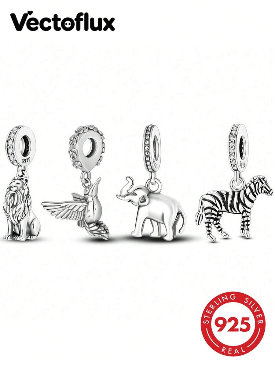 Vectoflux 1pc S925 Sterling Silver Elephant, Bird, Lion, Zebra Pendant, Suitable For Original Bracelet, Necklace, Keychain DIY Pendant Making, Women's Gift, Suitable For Birthday, Party, Holiday Gift - Silver - View 1