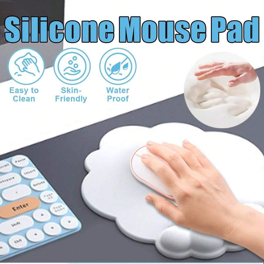 1pc Cloud-Shaped Ergonomic Wrist Rest Mouse Pad, Memory Foam Filled, Leather Surface, Waterproof & Anti-Slip PU Bottom, Slow Rebound Wrist Support Cushion, Relieves Wrist Fatigue, Easy To Clean, Cute Office Gaming Home Desktop Accessory