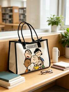 1pc Snoopy Peanuts Cartoon Character Pattern Canvas Tote Bag, Black Trim Large Handle Shoulder Bag, Casual Daily Shopping Handbag, Suitable As Christmas Gift Bag - Multicolor - View 3