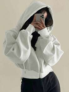 Plus Size Women's Solid Color Zipper Drawstring Hooded Jacket - Light Grey - View 3