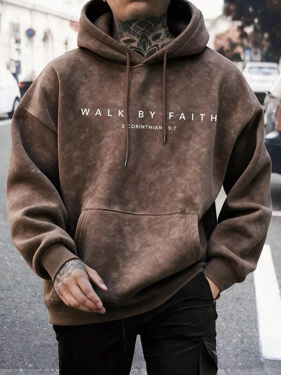 男士字母印花水洗連帽衫，休閒寬鬆版型套頭運動衫 - 棕色 - 查看 1